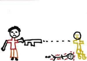 This is NOT my child's drawing, but one I got from early childhood magazine on an article on  children's experience with violence. 